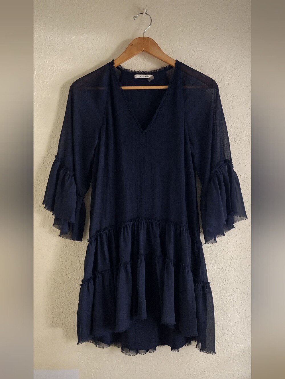 Alice + Olivia Navy Blue Tiered Ruffle Mini Dress Boho Western Chic - Picture 2 of 7